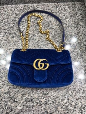 Gucci Royal Blue Velvet Shoulder Bag with Gold Hardware